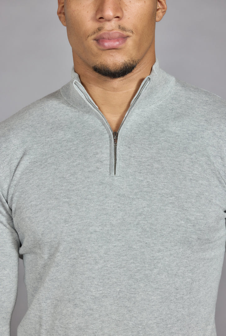 Men's Cotton Half Zip Jumper | Funnel Neck Knit in Marl Grey