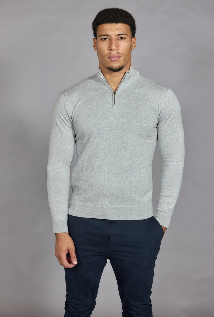 Men's Cotton Half Zip Jumper | Funnel Neck Knit in Marl Grey