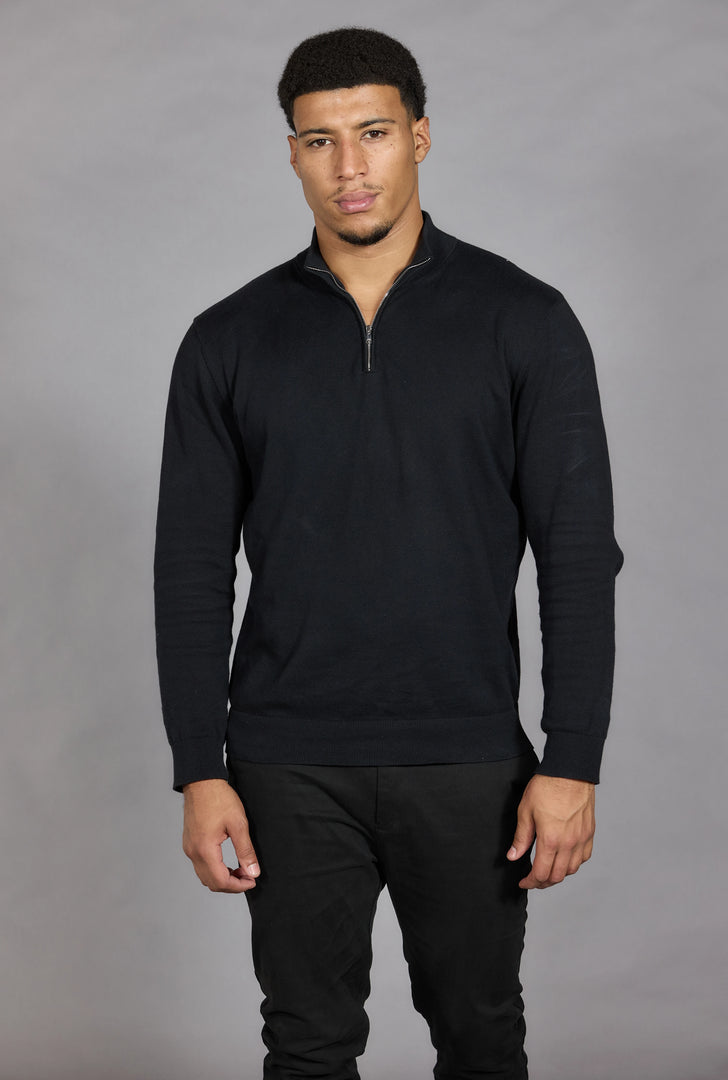 Men's Black Half Zip Knit Jumper | Cotton Funnel Neck Pullover