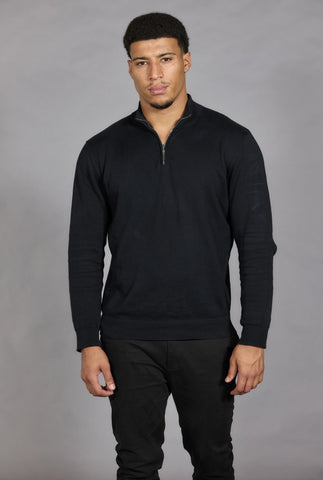 Men's Black Half Zip Knit Jumper | Cotton Funnel Neck Pullover