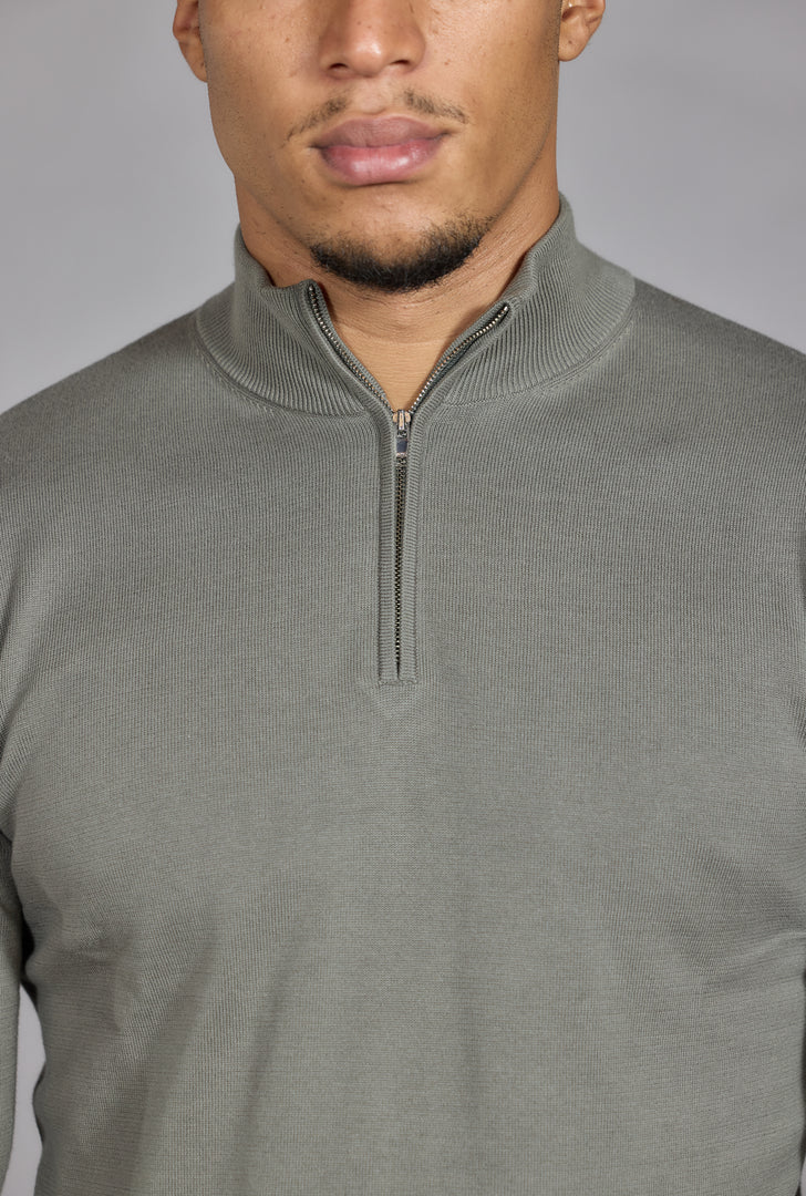 Men's Sage Green Half Zip Jumper | Soft Cotton Funnel Neck Knit