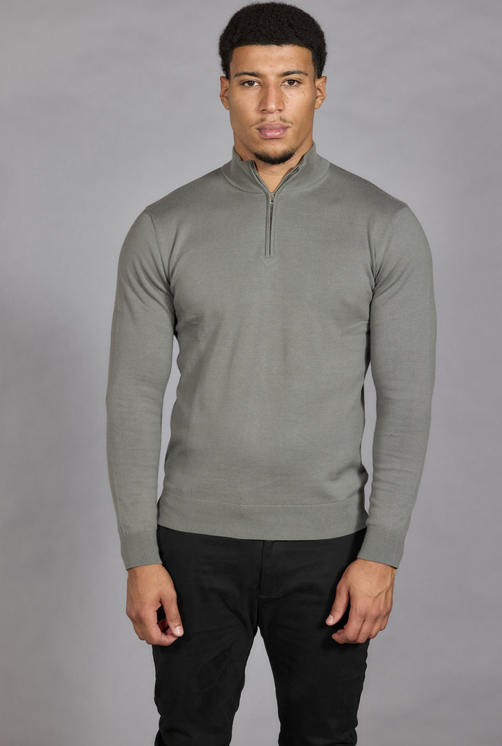 Men's Sage Green Half Zip Jumper | Soft Cotton Funnel Neck Knit