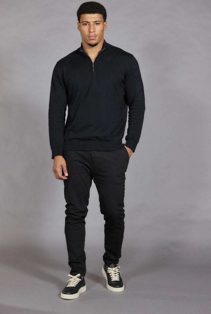 Men's Black Half Zip Knit Jumper | Cotton Funnel Neck Pullover