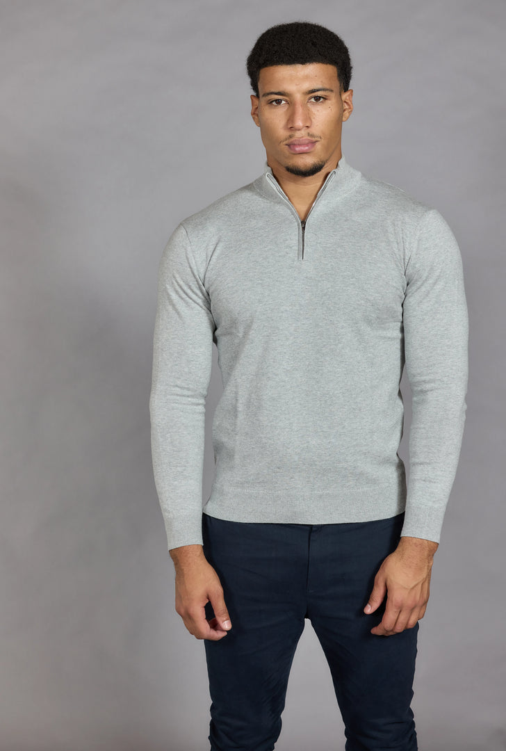 Men's Cotton Half Zip Jumper | Funnel Neck Knit in Marl Grey