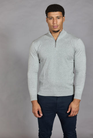 Men's Cotton Half Zip Jumper | Funnel Neck Knit in Marl Grey