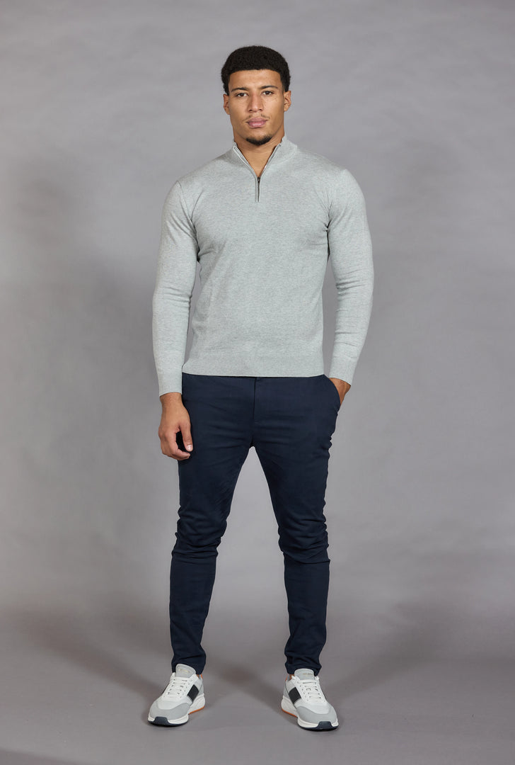 Men's Cotton Half Zip Jumper | Funnel Neck Knit in Marl Grey