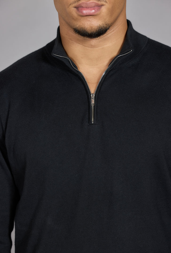 Men's Black Half Zip Knit Jumper | Cotton Funnel Neck Pullover