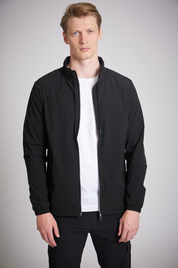 Black lightweight cargo jacket men zip pocket detail
