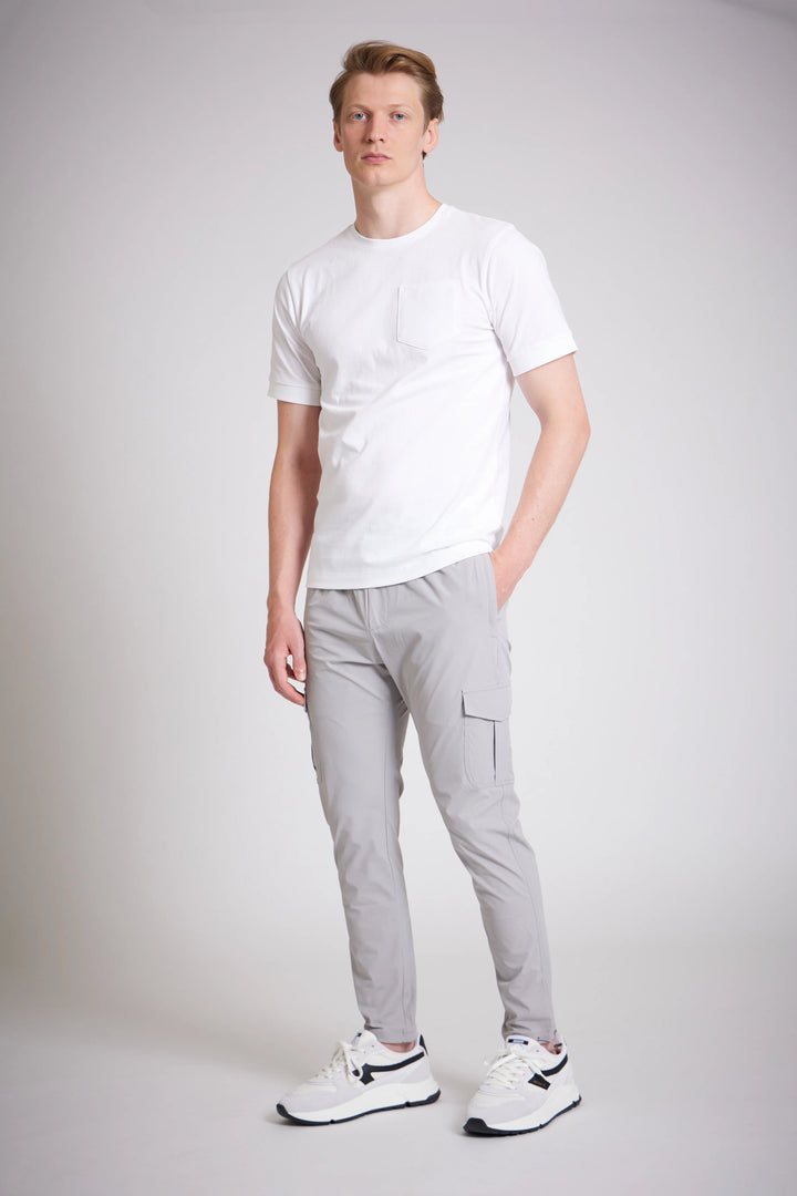 Cargo slim fit pants men mid grey drawstring waist
