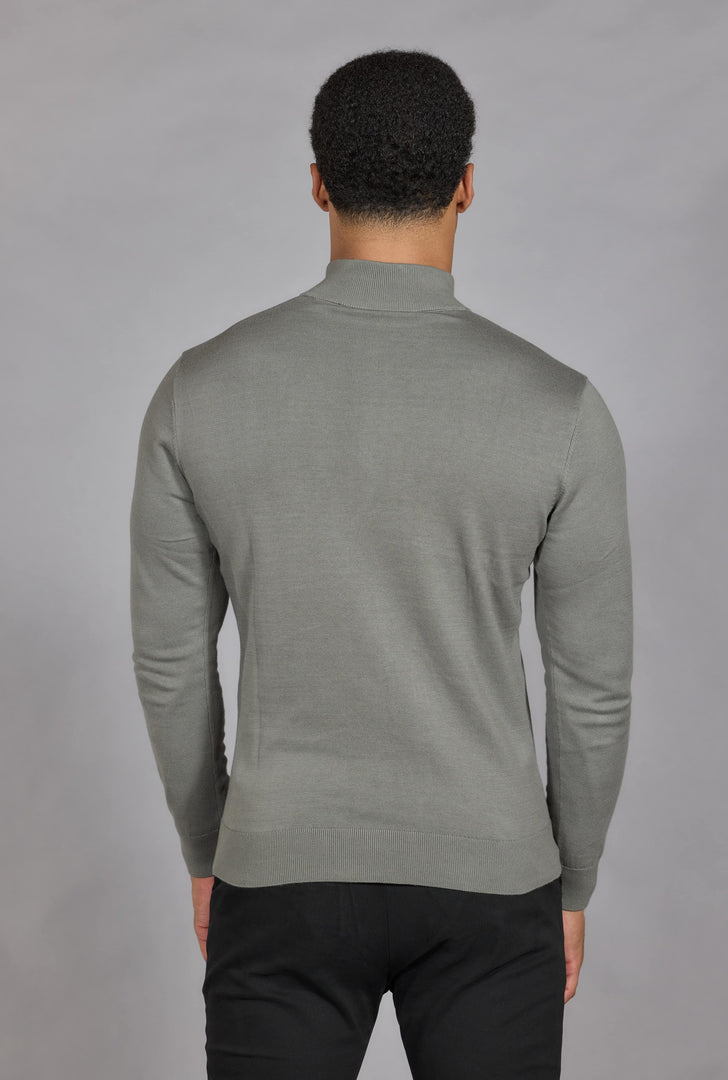 Cotton knitted half zip men's sage green funnel neck
