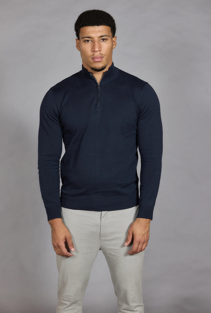 Half zip jumper mens navy cotton knit concealed zip
