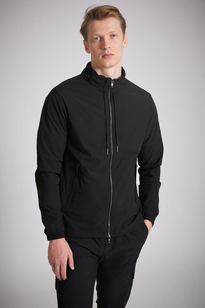 Black lightweight cargo jacket men zip pocket detail
