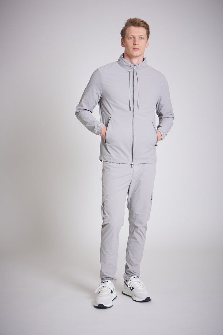 Casual jacket men mid grey drawstring hood close up
