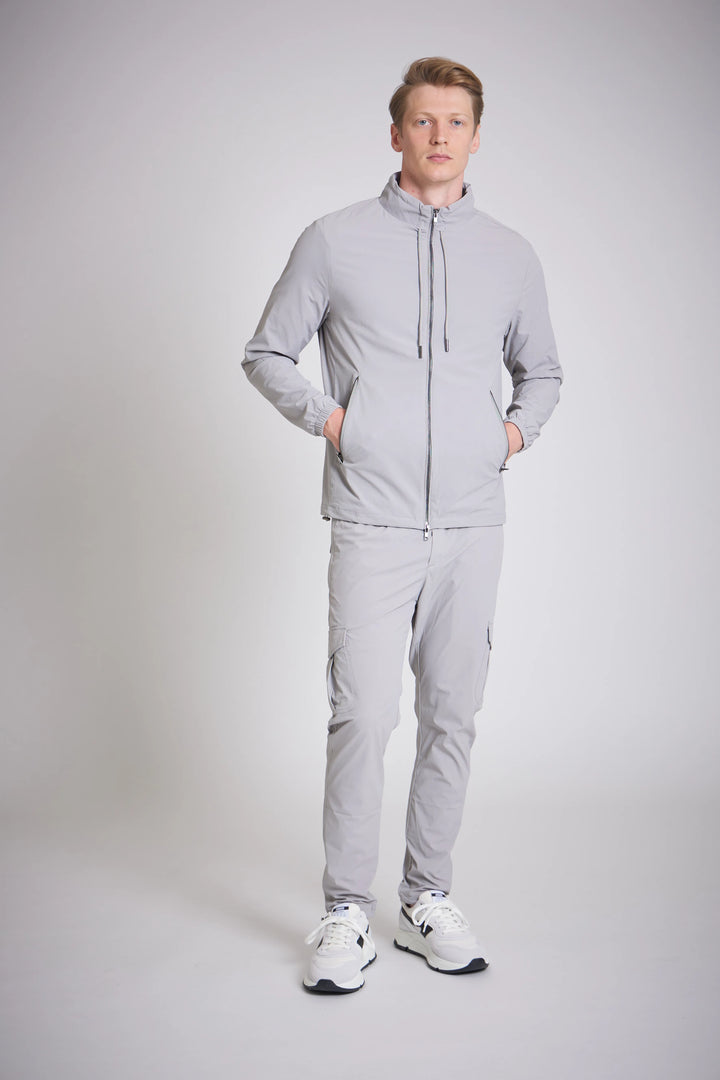 Casual jacket men mid grey drawstring hood close up
