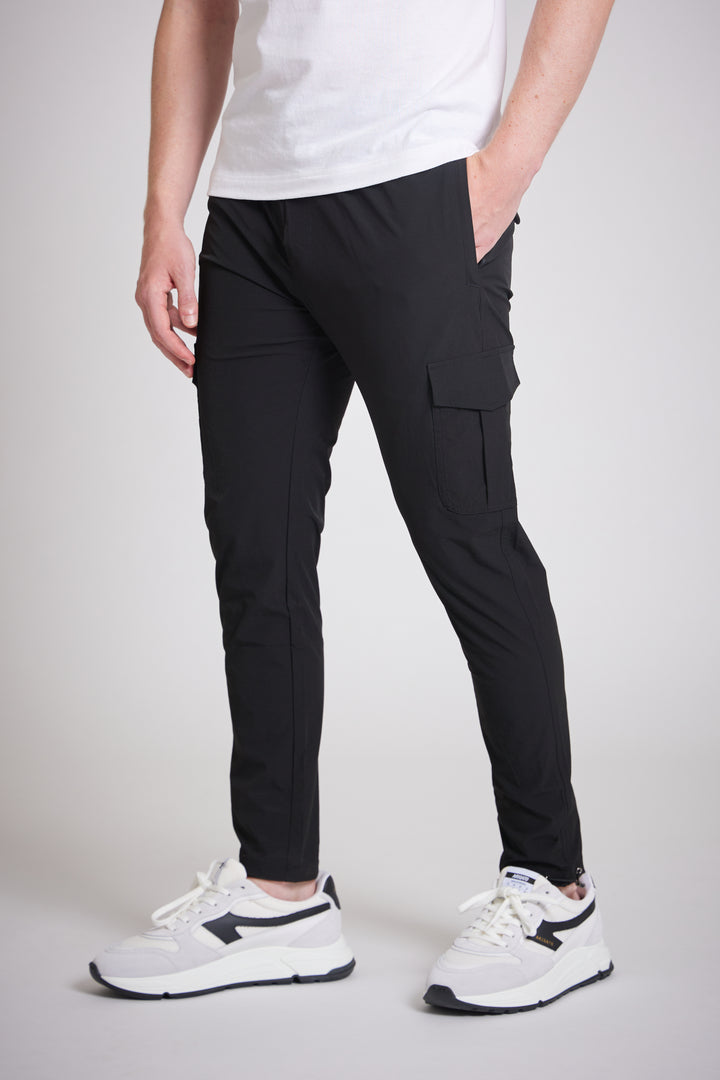 Black cargo pants men UK slim fit cargo trousers front view