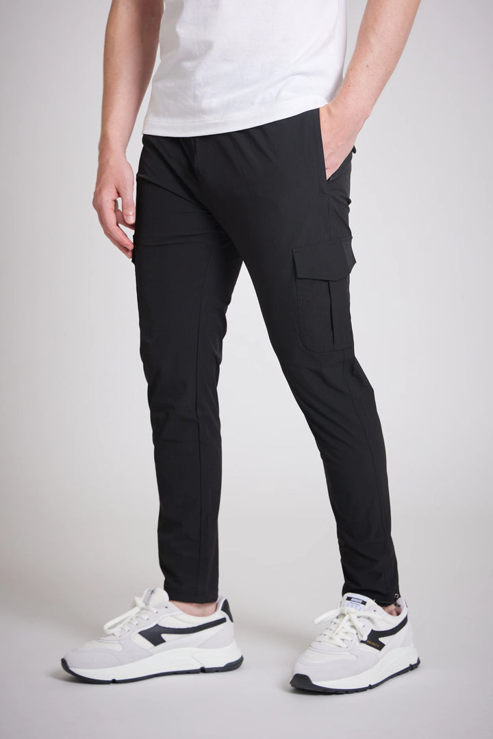 Black cargo pants men UK slim fit cargo trousers front view
