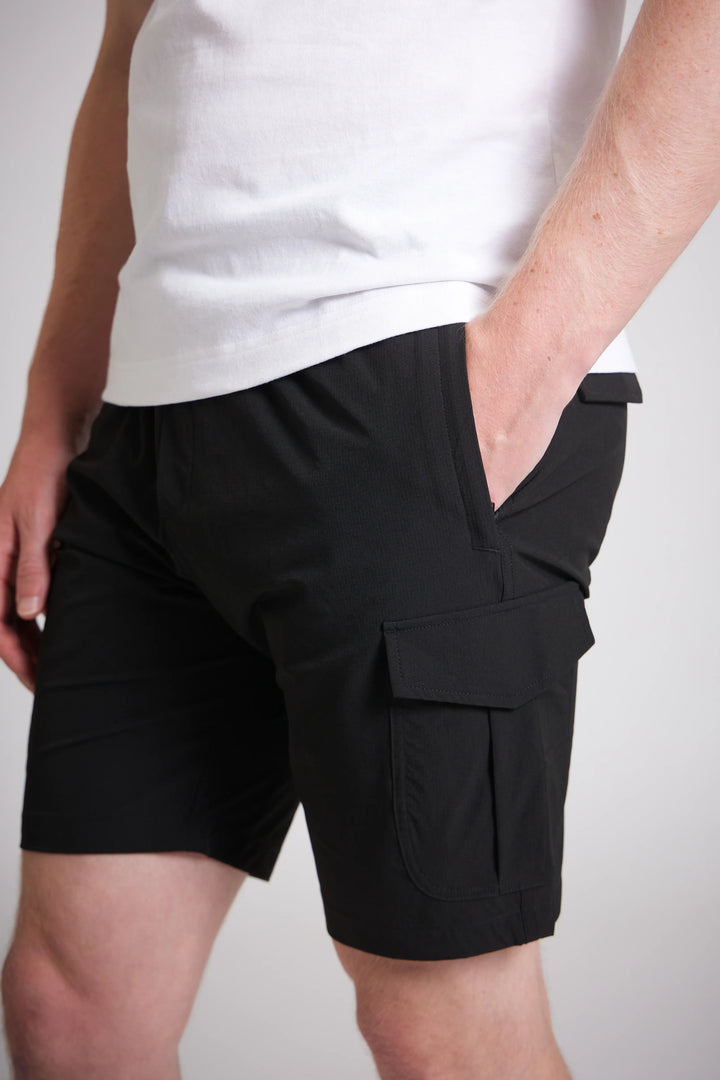 Men's black cargo shorts slim fit side view UK
