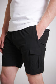 Men's black cargo shorts slim fit side view UK
