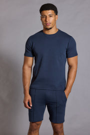 Men’s navy shorts with elastic waist, front view