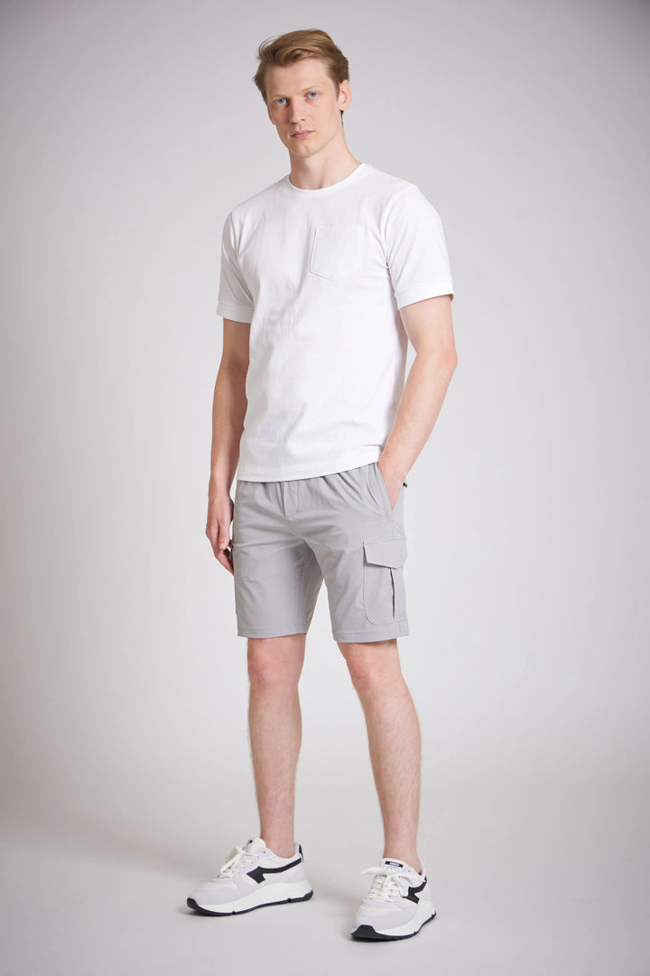 Mens grey cargo shorts slim fit front view UK
