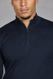Mens half zip jumper navy slim fit funnel neck front
