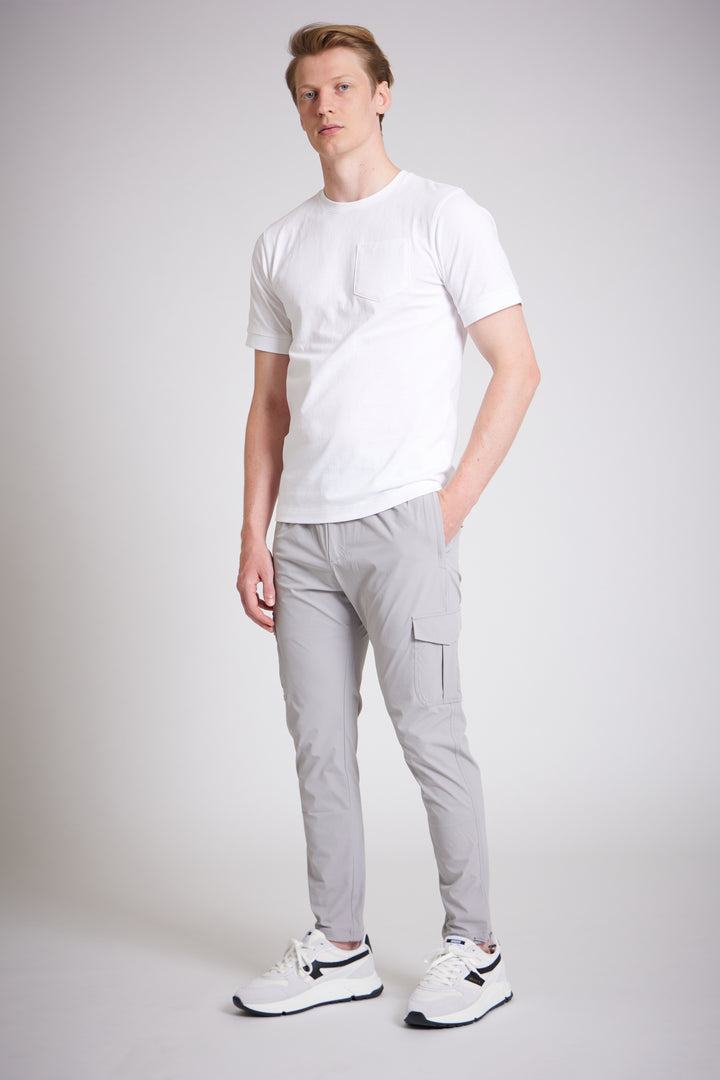 Grey cargo pants men slim fit with white trainers
