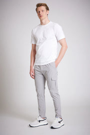 Grey cargo pants men slim fit with white trainers
