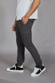 Slim fit grey cargo trousers men side view
