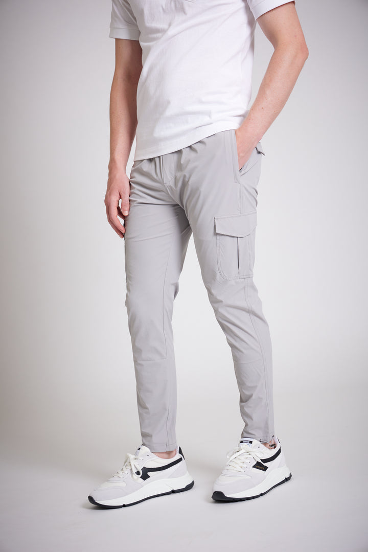 Men's slim fit light grey cargo trousers front view