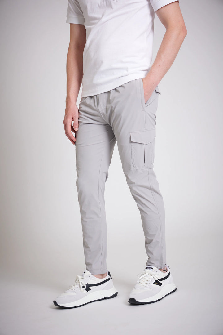 Men's slim fit light grey cargo trousers front view
