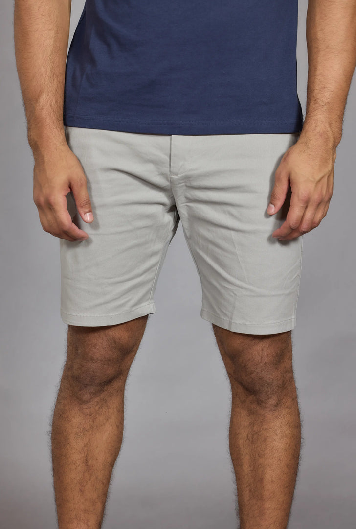 Men’s stone chino shorts tailored fit stretch fabric front view
