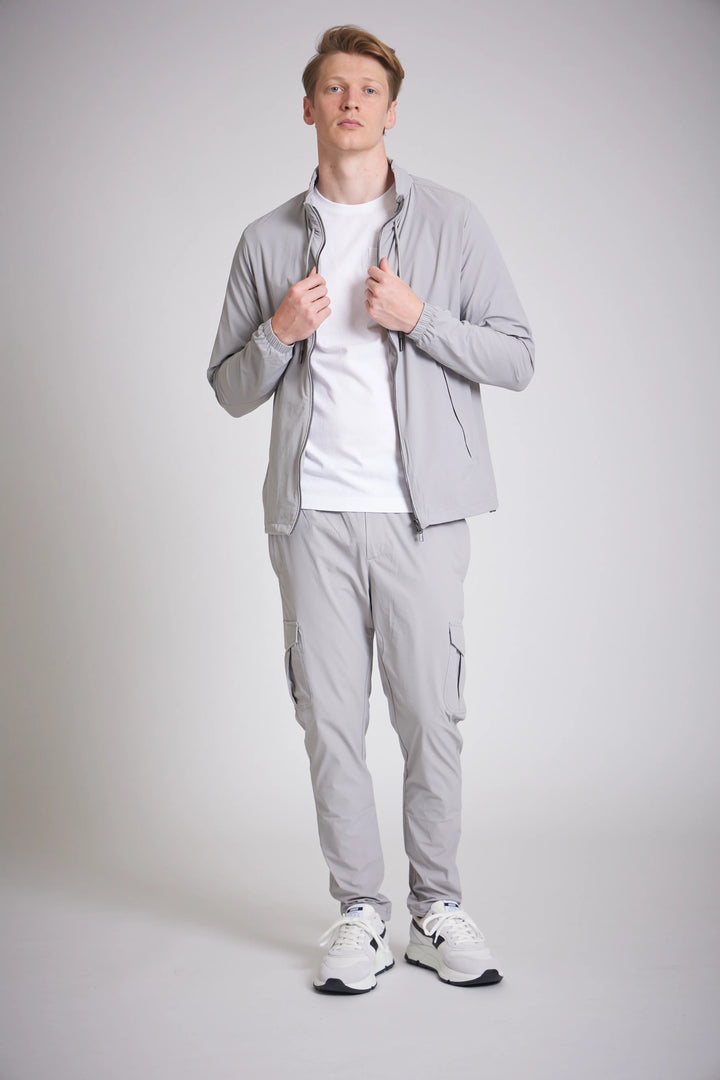 Grey jacket men's lightweight technical fabric detail
