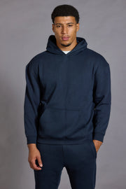 Navy hoodie men cotton fleece kanga pocket detail
