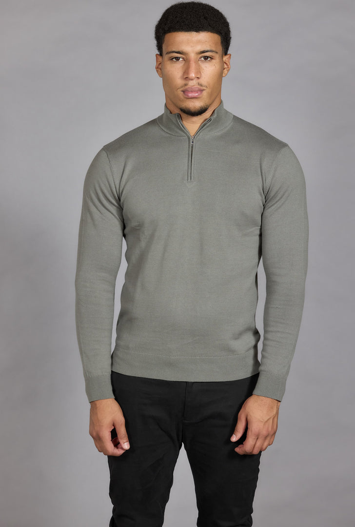 Sage green half zip jumper cotton knitted detail
