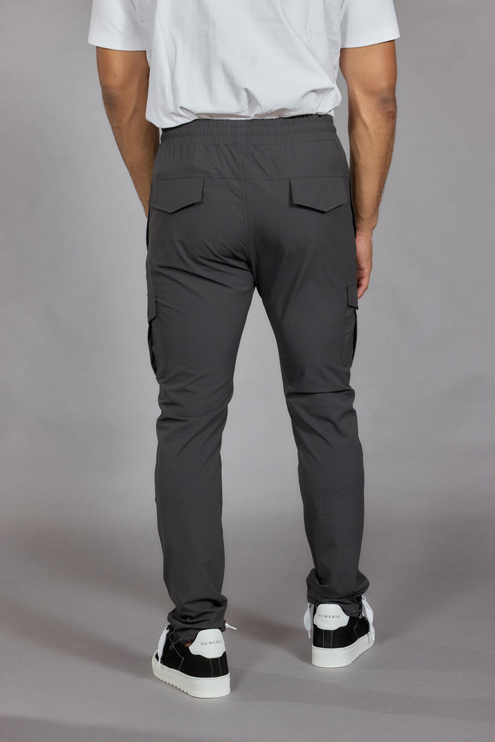 Grey stretch cargo pants men drawstring waist
