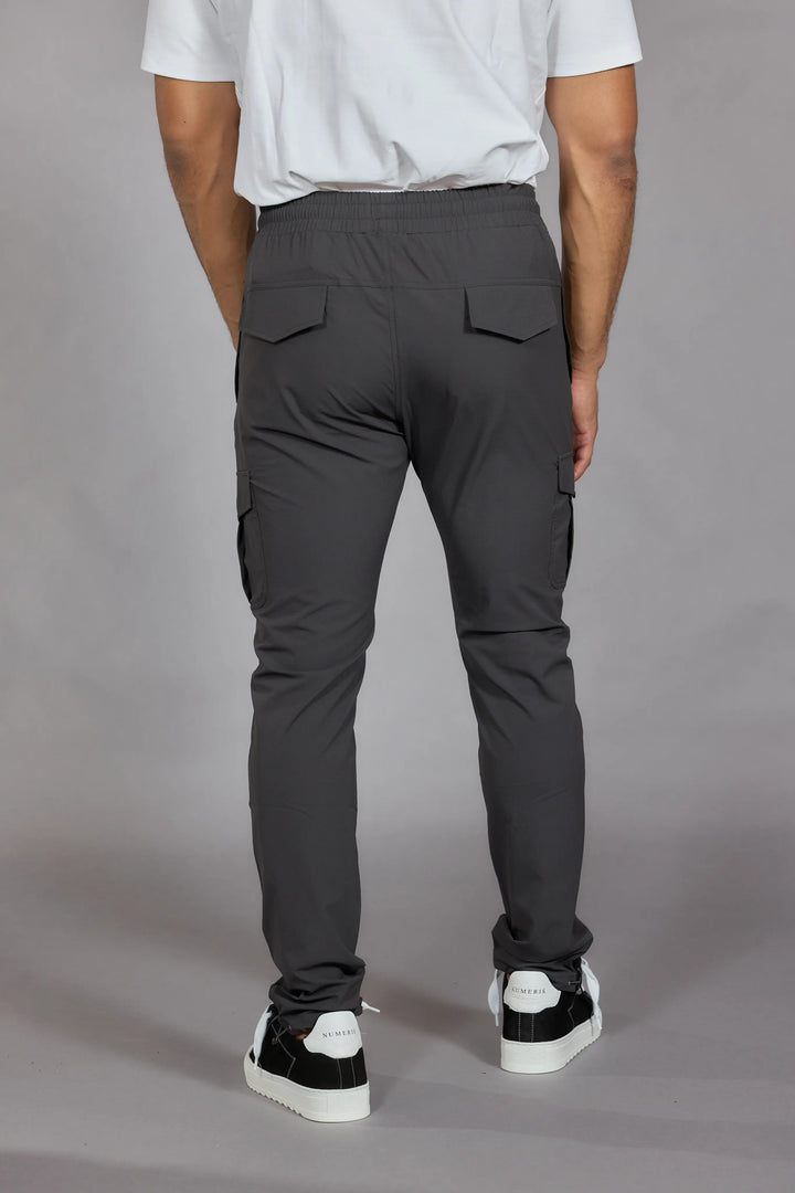Grey stretch cargo pants men drawstring waist

