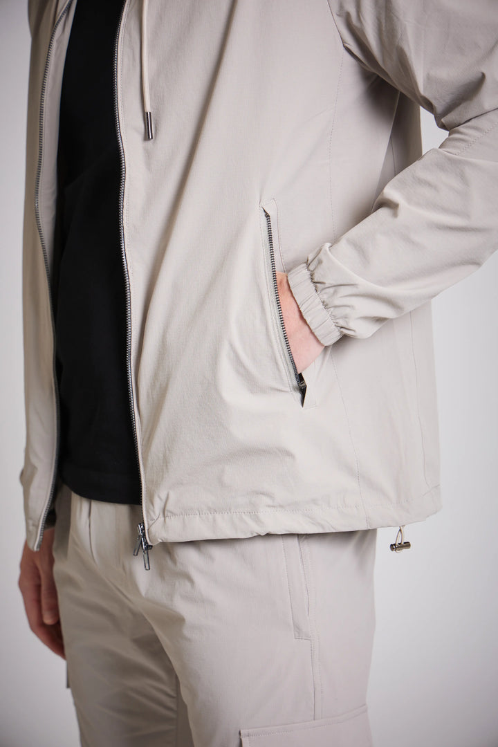 Stone jacket men open over black t-shirt layered
